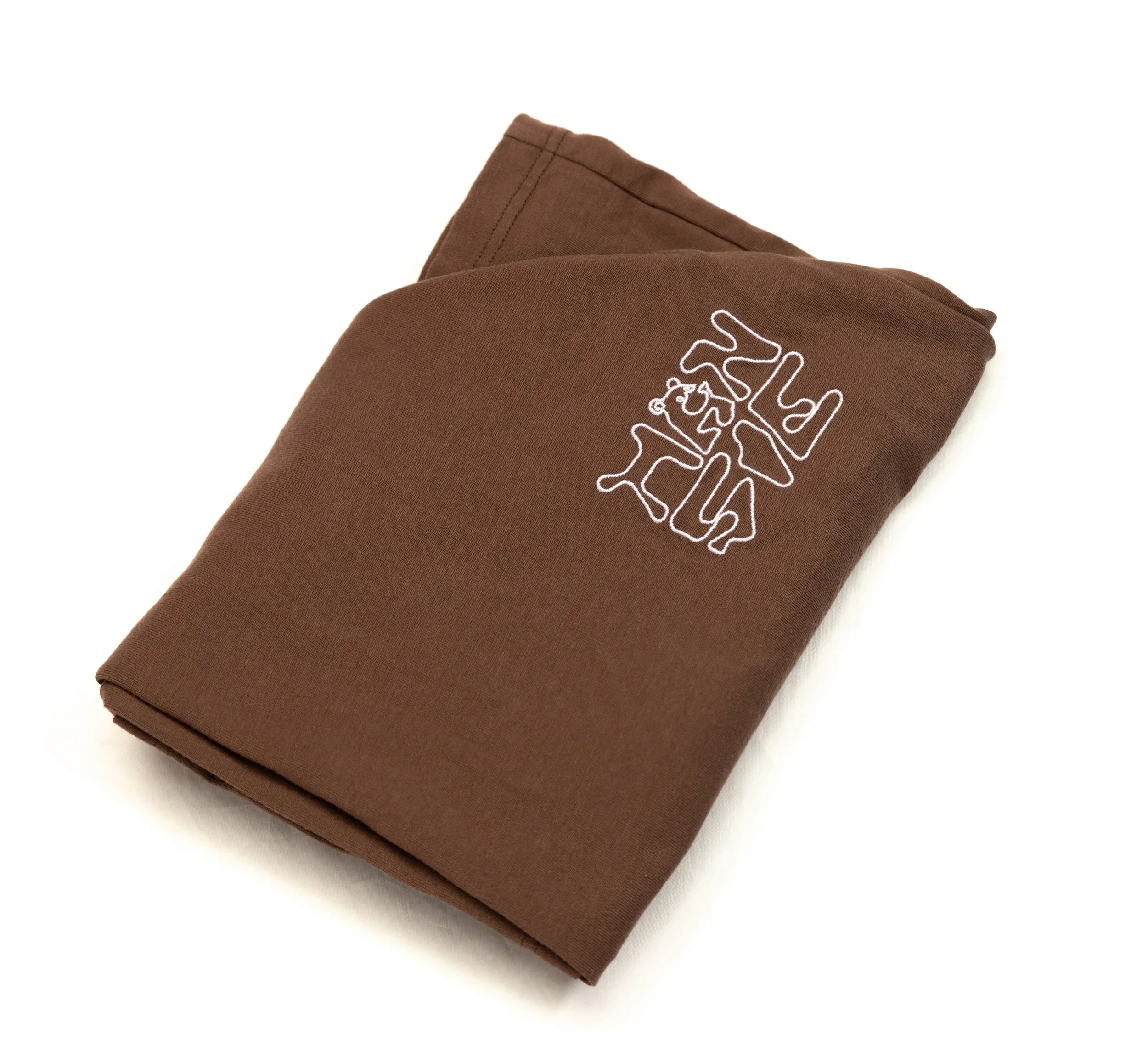 Brown folded T-shirt with white embroidered logo on the front.