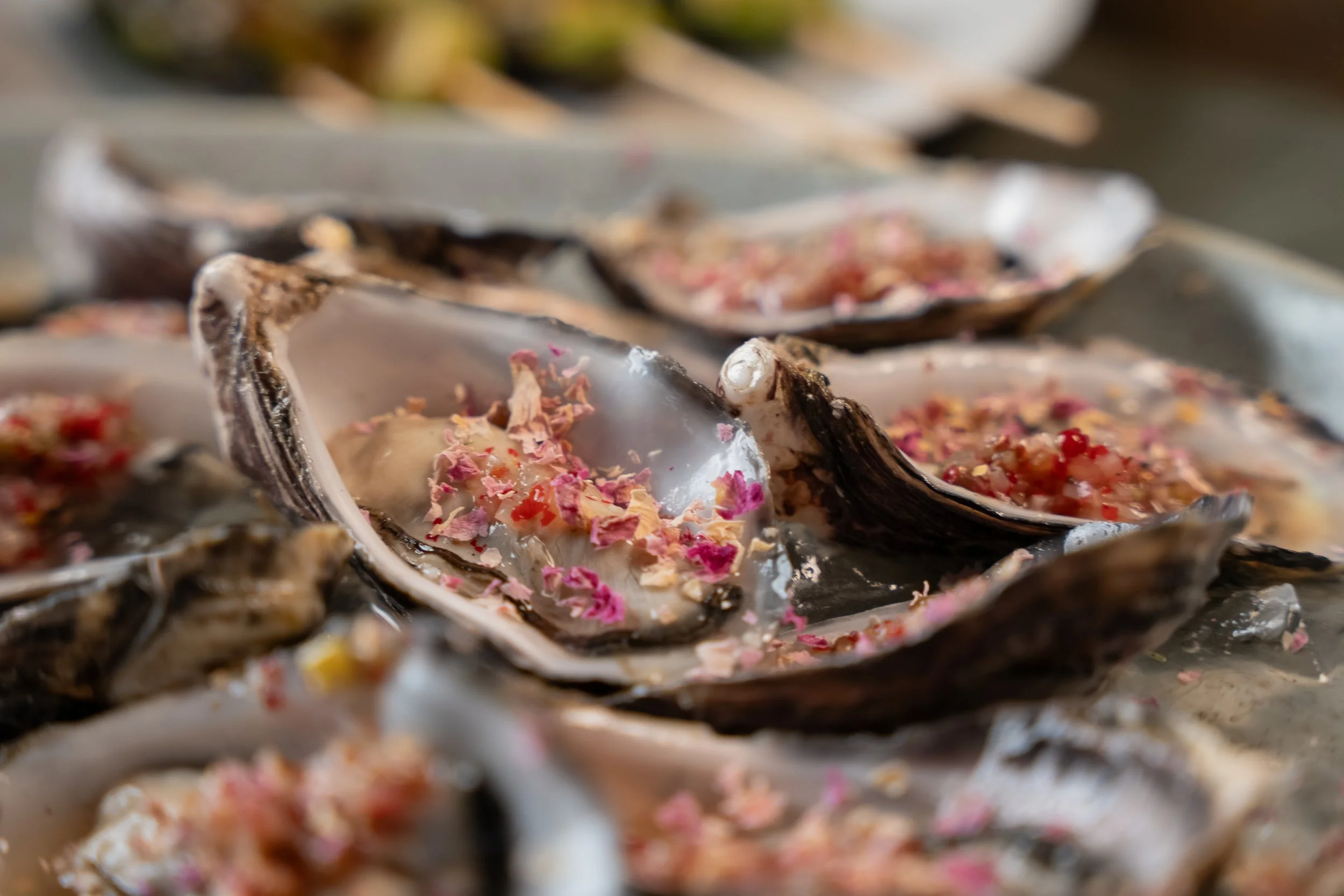Close-up of oyster shells filled with oysters topped with red and pink flower petals.