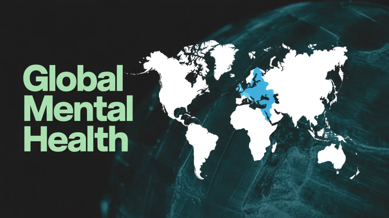 World map highlighting Ukraine in blue, with the text 'Global Mental Health' on a dark background.