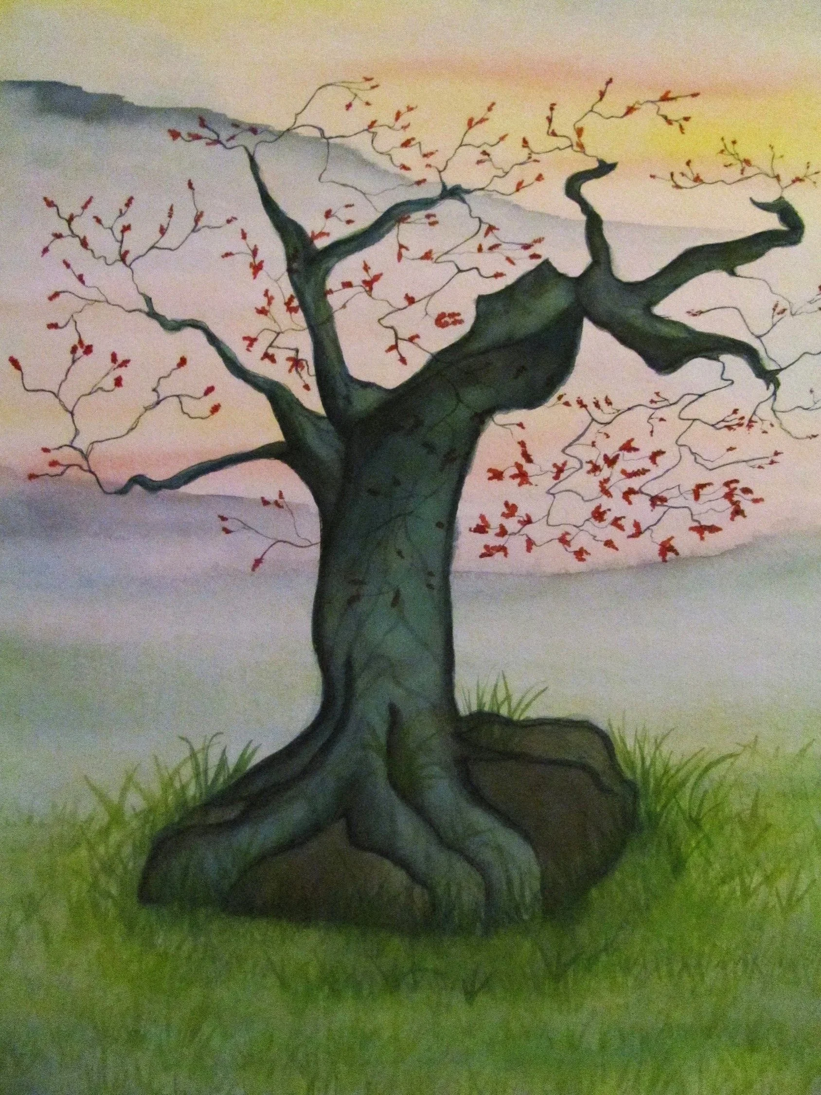 Winter tree amongst dusty landscape painted in watercolour by artist Leesa Maree.