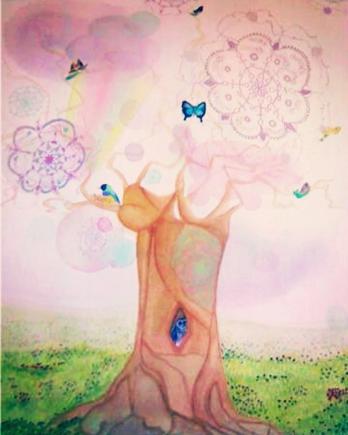 Summer tree embedded in sky and garnished with symbols. Painted in watercolour by artist Leesa Maree.