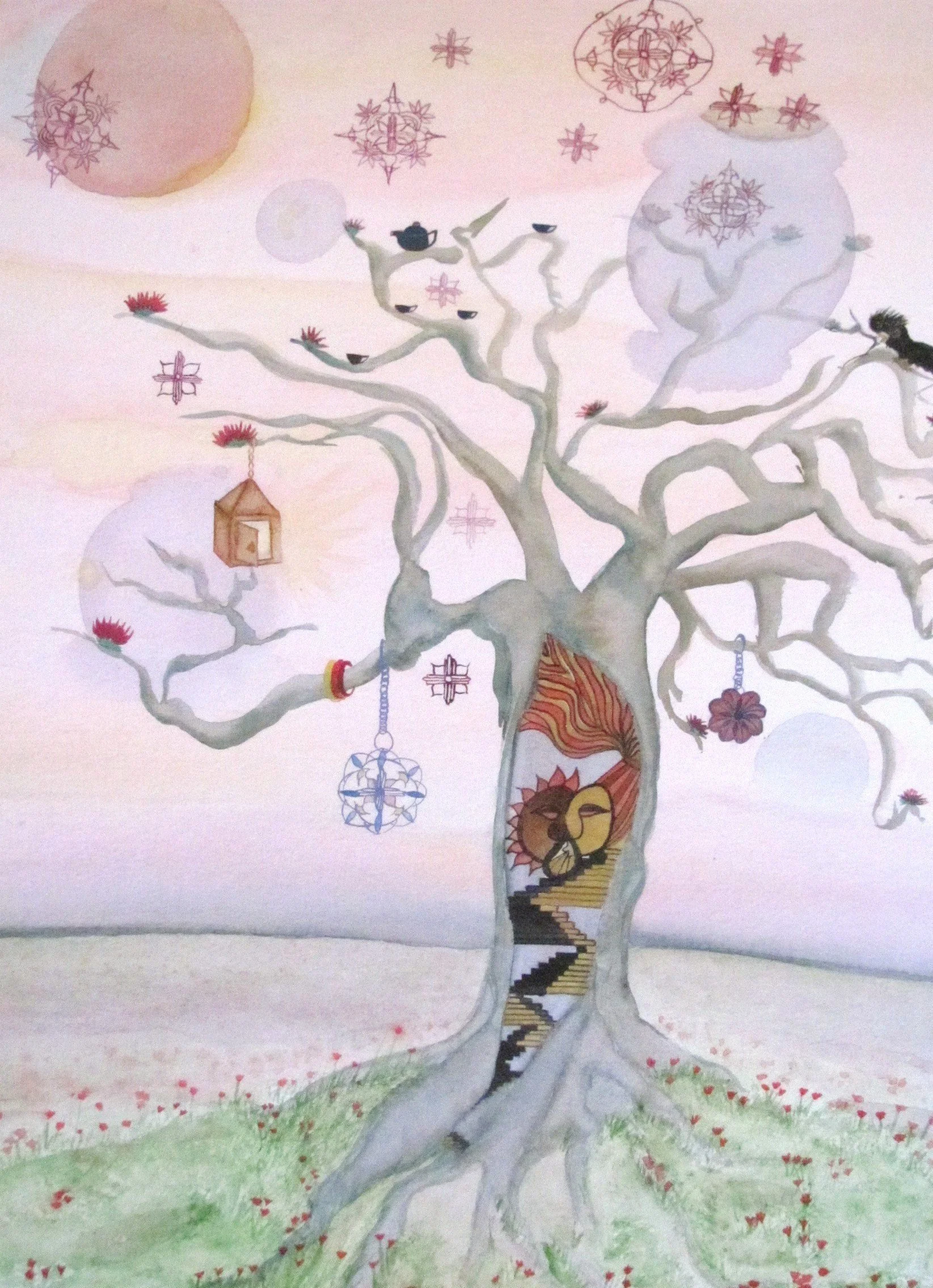 Autumn tree garnished with symbols and anima/ animus trunk painted in watercolour by artist Leesa Maree.