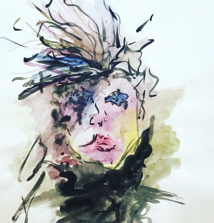 Watercolour and black ink portrait of male.