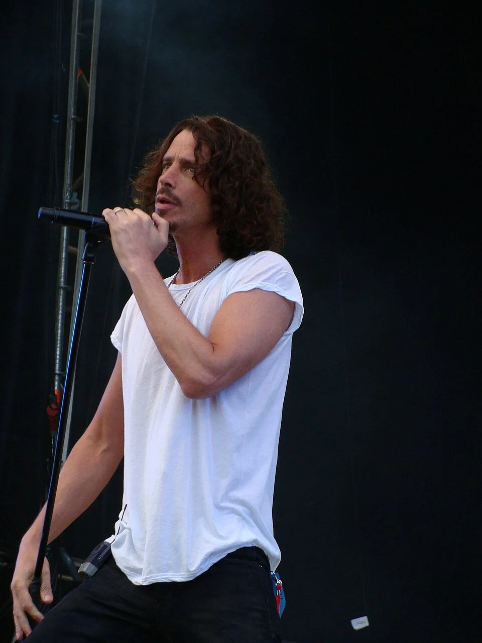 Chris Cornell singing into microphone.