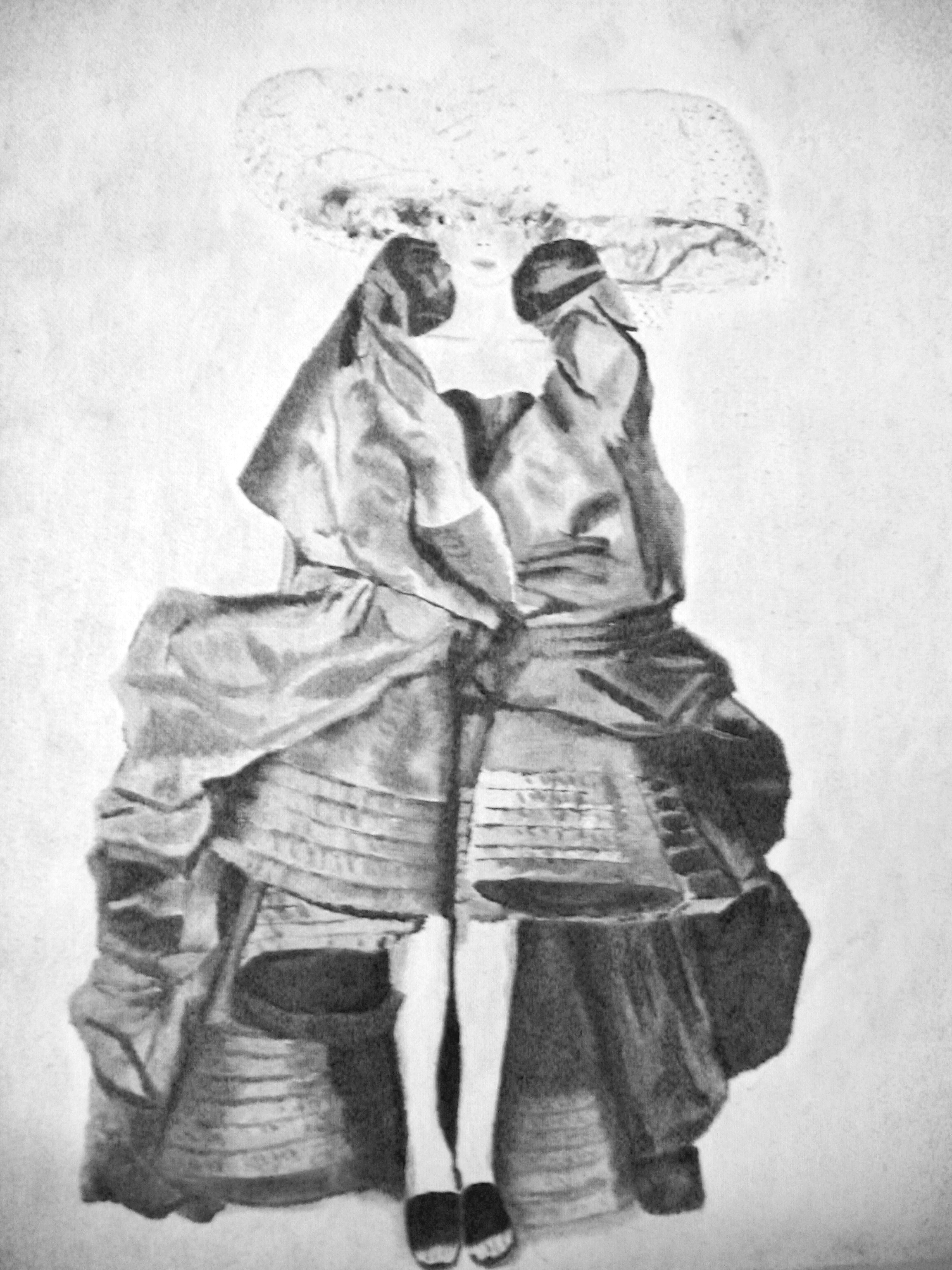 Monochromatic material study in oil of standing woman adorned with elaborate fashion dress, coat and hat.