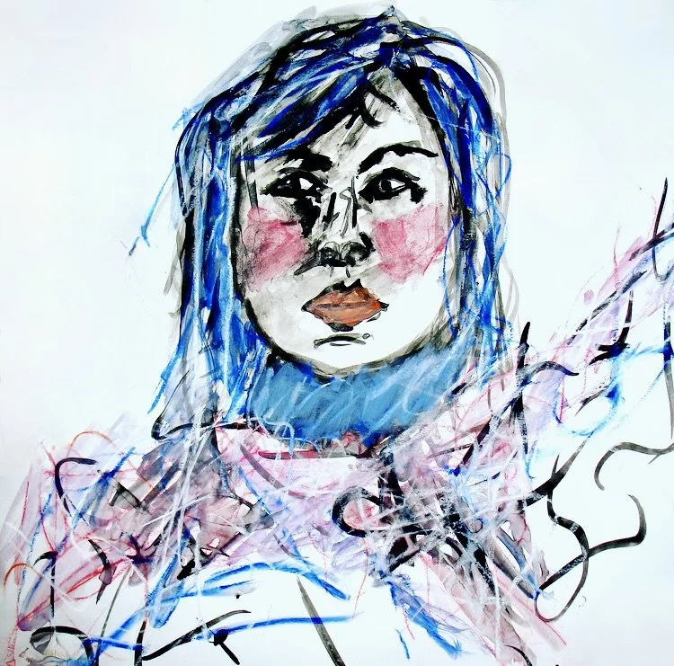 Watercolour, black ink and pastels portrait of female.