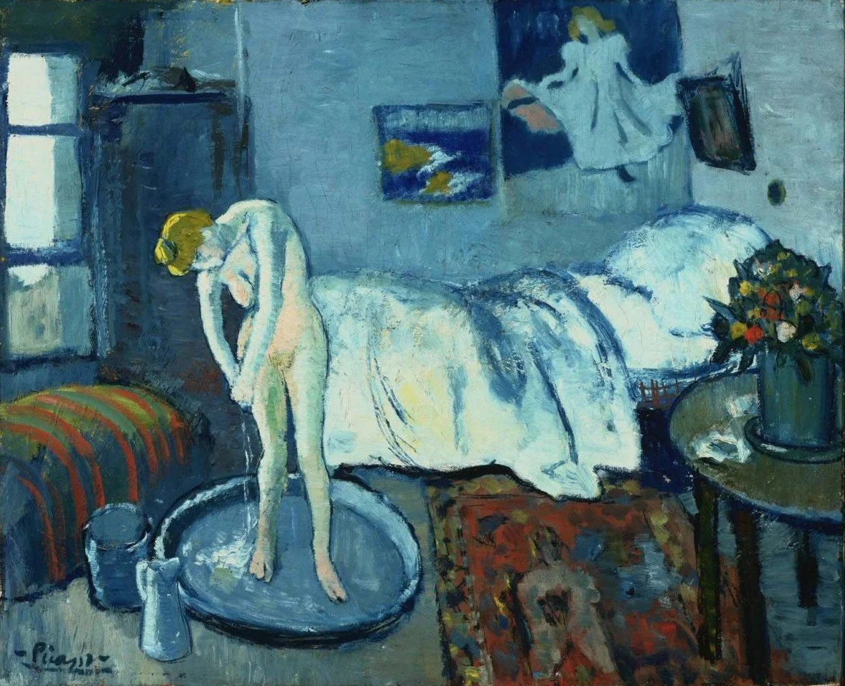 A naked hunched over lady is standing in a bucket washing herself surrounded by her bedroom furtnature and an angel in white painted on the wall behind her. Tones of blue with a touch of ochre, red and white to reveal the days light.