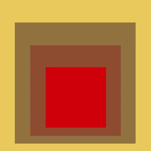 Four coloured squares with red square placed at centre and then brown, olive and yellow. Artwork by Josef Albers.