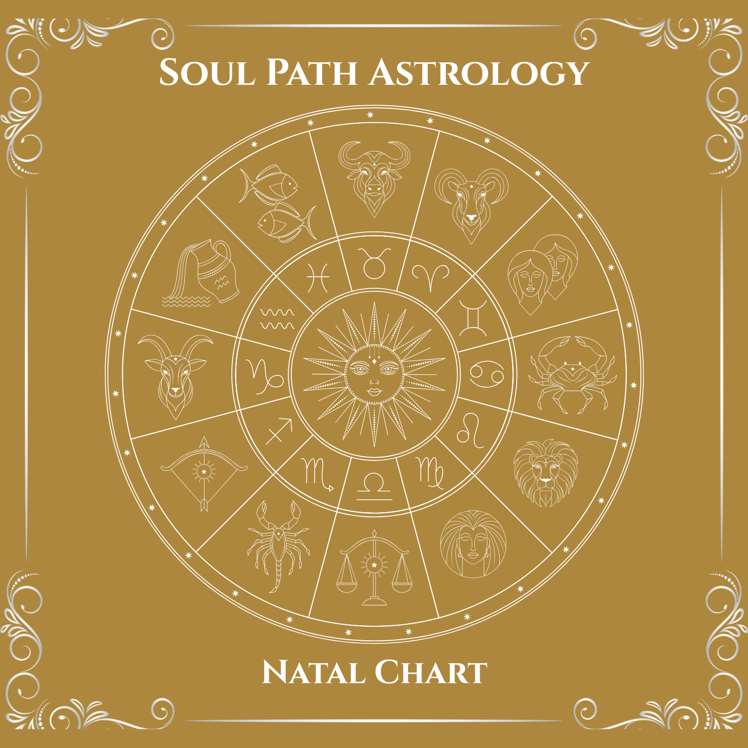 Gold background featuring natal chart and astrology sign symbols.