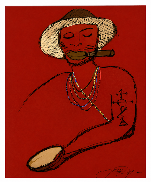 Caribbean man with cigar and colourful beads offering a bowl for an offering.