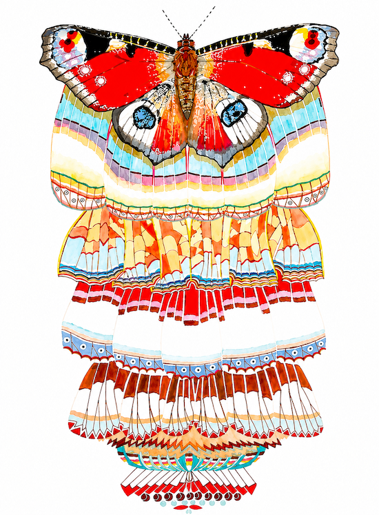 Red Butterfly with patterns cascading in watercolour painting.