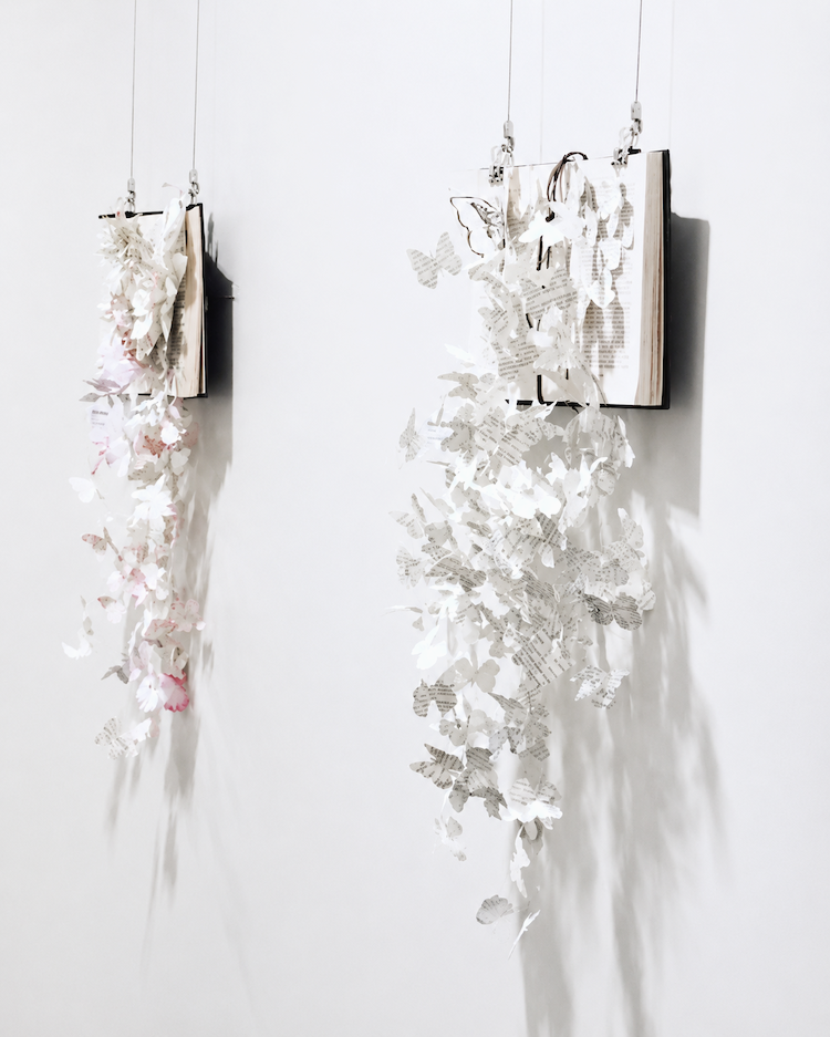 Paper Sculpture using old discarded books and recycling paper to make hundreds of butterflies connected by wire and sculptured. Featured at the Raymond Terrace Library Gallery.