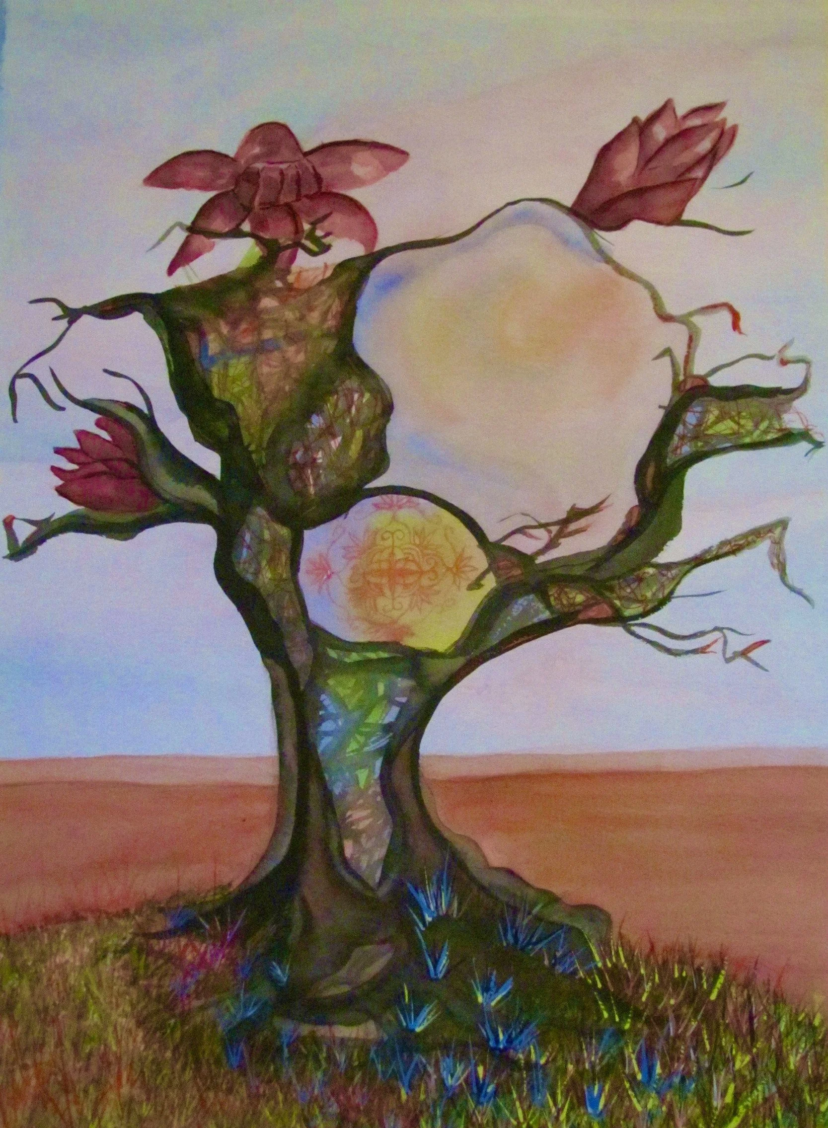 Watercolour work of a tree post fire and blooming roses and new flora of varying vibrant colours.