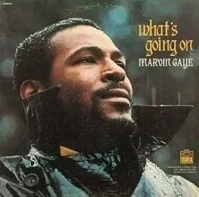 Front cover of Marvin Gaye's iconic album, What's Going On. Features Marvin portrait looking up and in a raincoat with collar turned up.