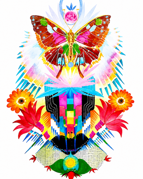 Butterfly watercolour painting featuring flowers, chakra colours and pink lotus flower. 