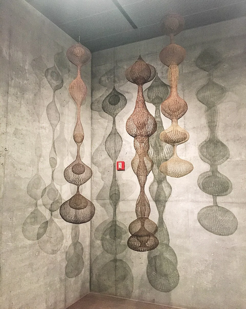 Hanging organic loop wire sculptures hung from a ceiling in an installation. Artwork by Ruth Asawa.