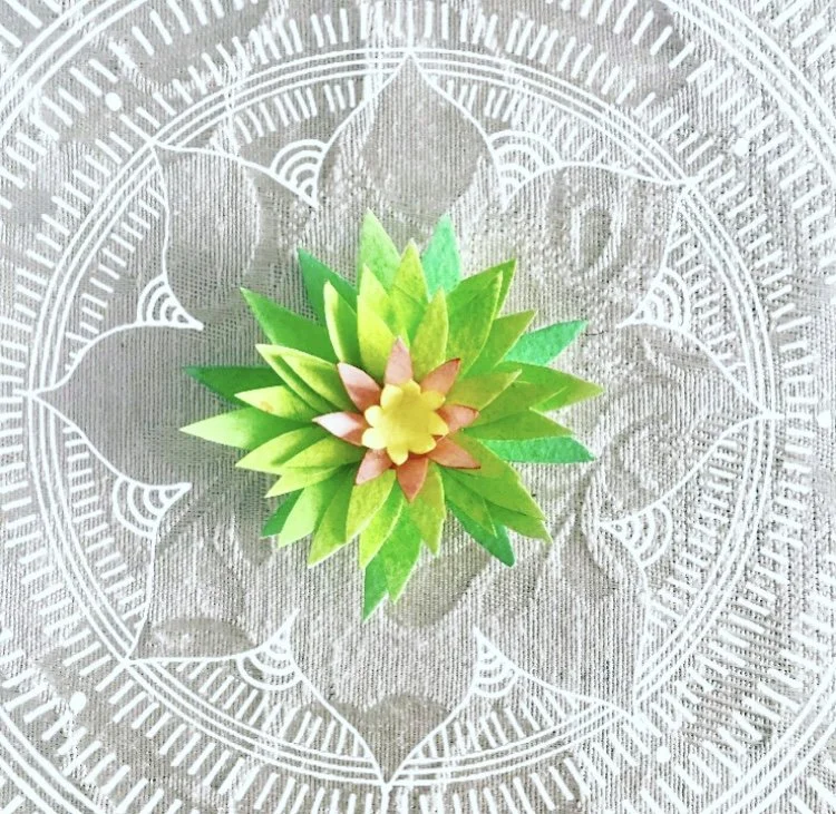 Paper Lotus Lime Green, Heart Chakra, paper sculpture, detail by artist Leesa Maree at Temple Lah.