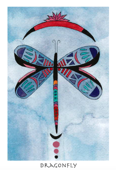 Colorful illustration of a dragonfly with intricate patterns on its wings, a red head and tail, and a pinkish-purple tail with dots, set against a blue sky background.