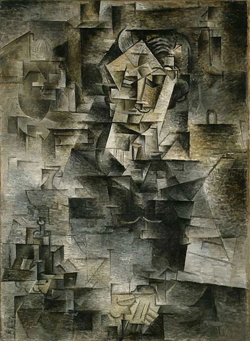Shapes intercept on canvas revealing light and shade amongst strong lines that reveal a faint face constructed amongst the pieces top right. Cubist portrait of Daniel-Henry Kahnweiler by Pablo Picasso.