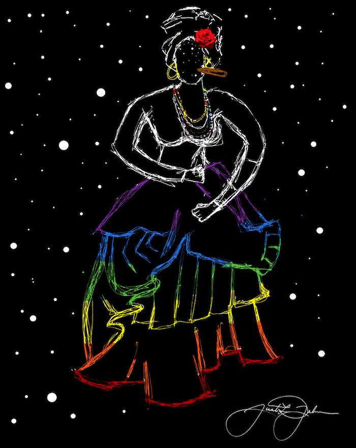 Painting of woman with cigar on a starlit night sky.
