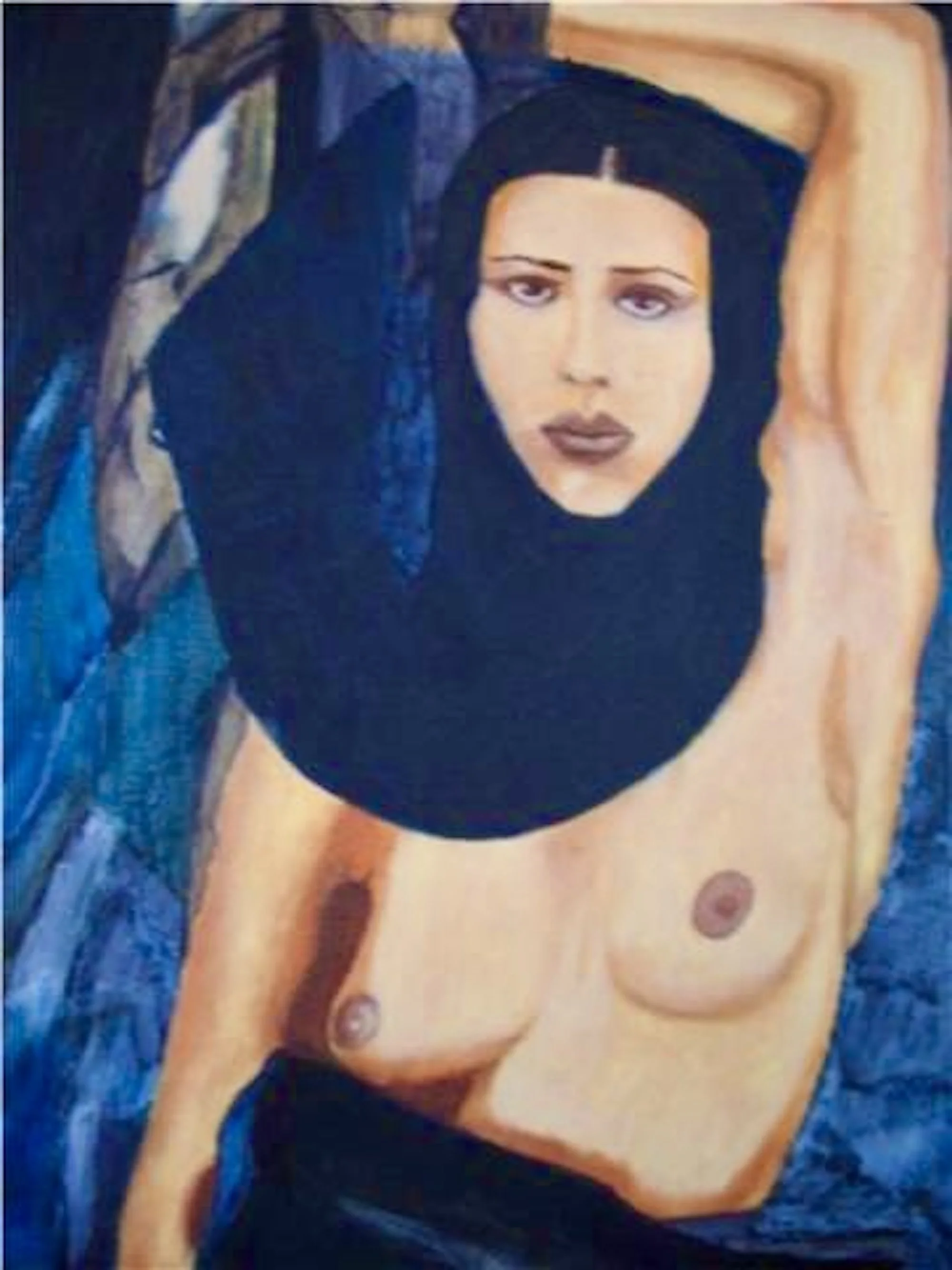 complimentary study of blue and orange in oil. This painting is of a dancer draped in mesh cloth and head scarf with leg raised by head in dancer pose.