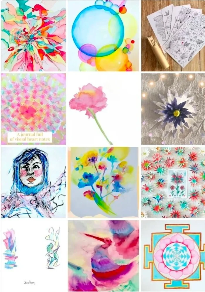 A collage of twelve colorful abstract and art images, including watercolor paintings and artistic designs. These artworks display creative processes available in the Intuitive Art as Medicine eCourse.