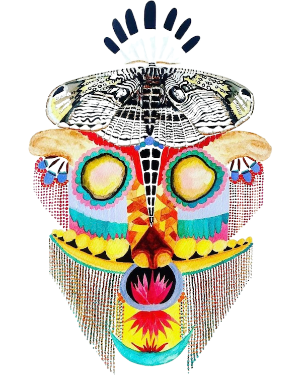 Colorful symmetrical moth face with intricate patterns, floral motifs, and detailed decorations.