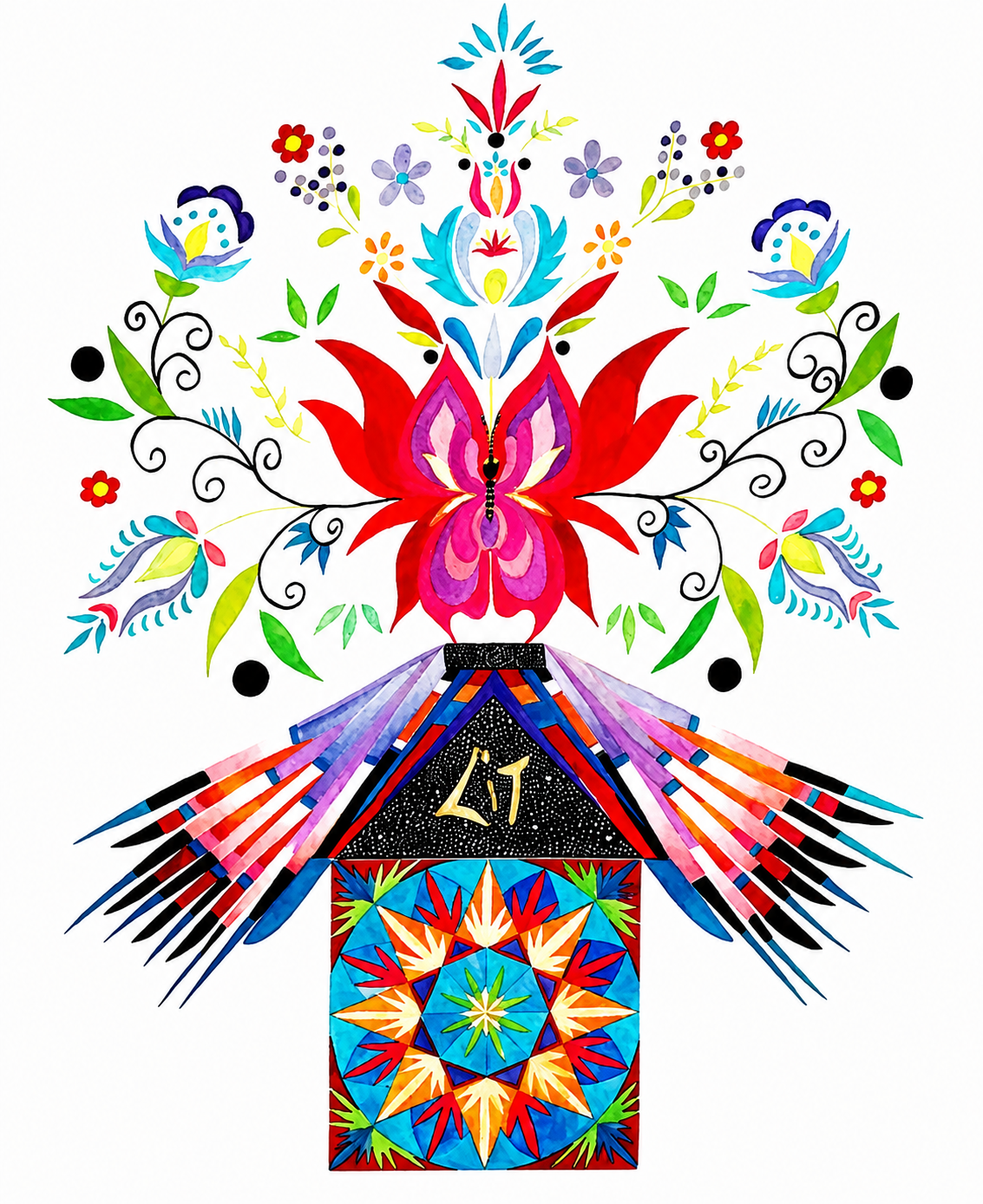 Butterfly, Feathers & Pattern, watercolour painting, detail by artist Leesa Maree at Temple Lah.