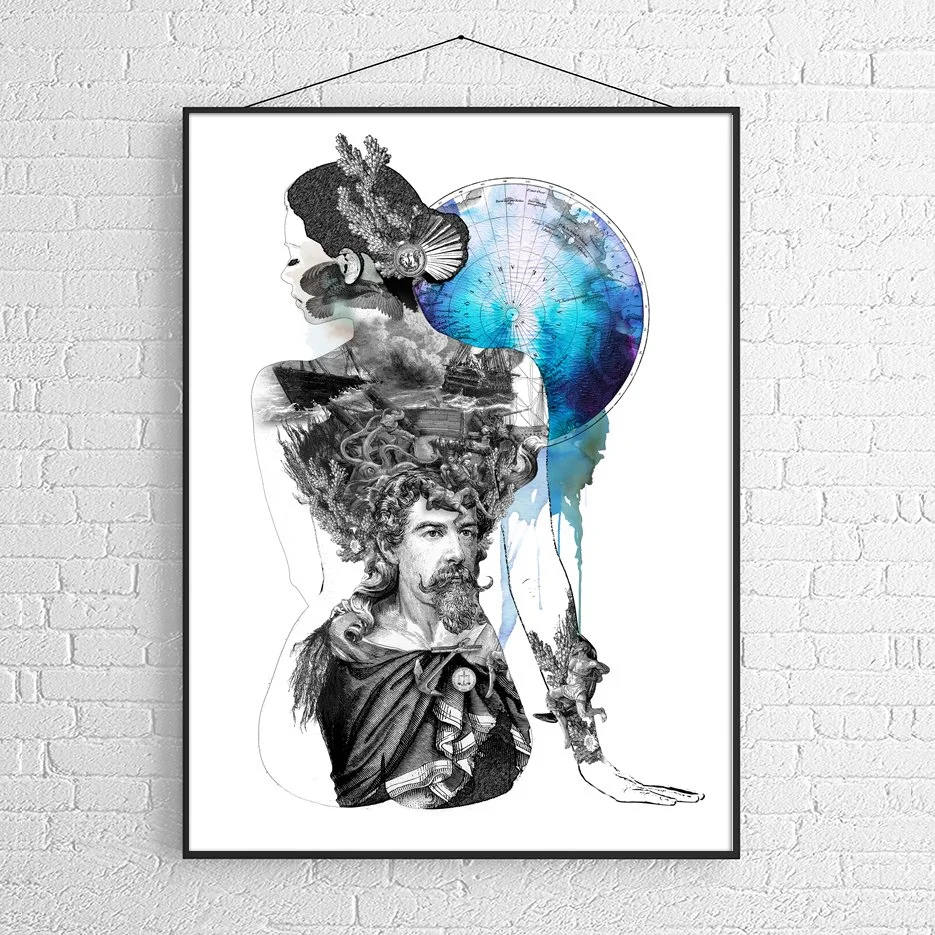 Not now nancy figurative limited edition print on paper white gold blue and black