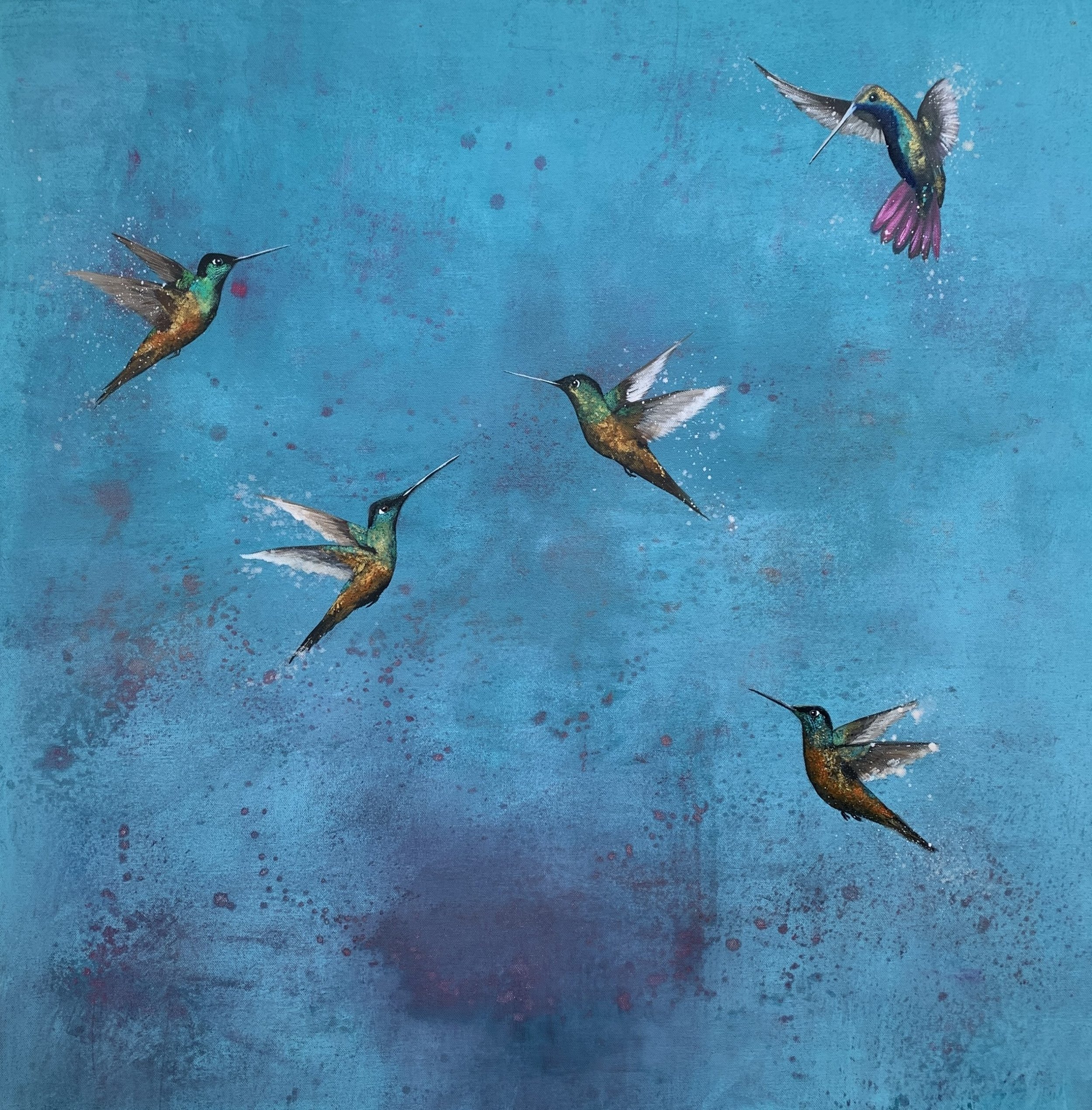 Laure Bury Rise Like an Angel II Oil on canvas Diamond dust Hummingbirds Blues Pinks Greens