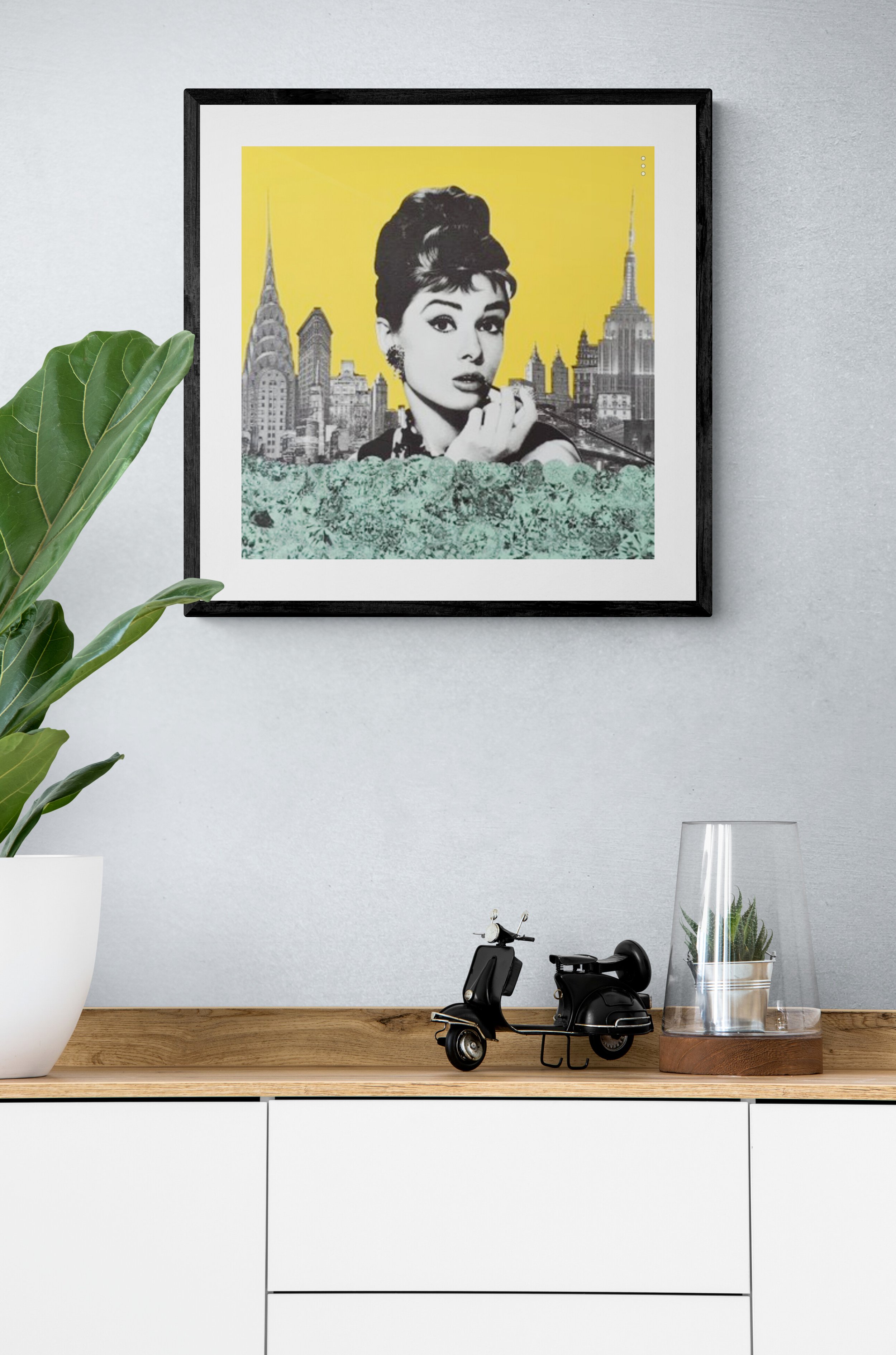 Anne Storno Limited edition paper print Audrey Hepburn famous smoking image with a cityscape behind her yellow and green