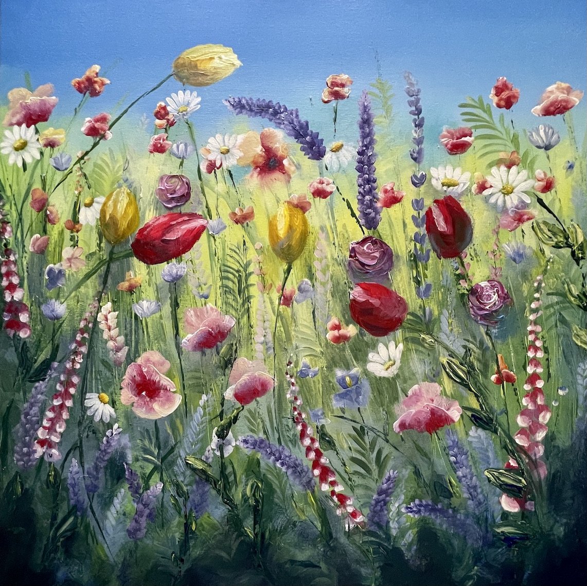 Emma Sian Pritchard Original acrylic on canvas yellow blue and red wildflower scene