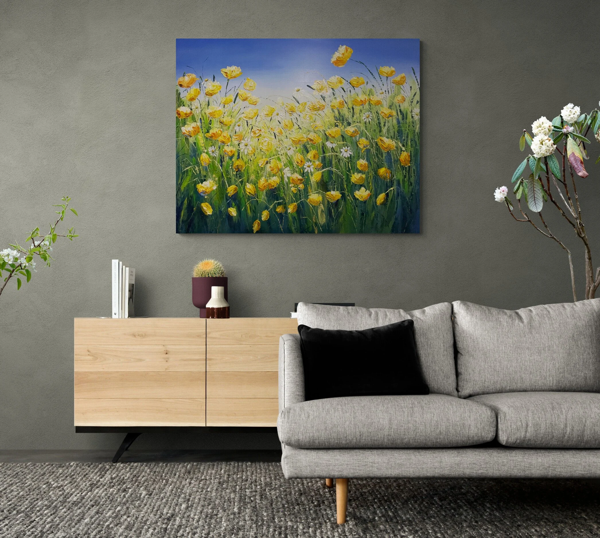 Emma Sian Pritchard Original acrylic on canvas yellow and blue meadow scene