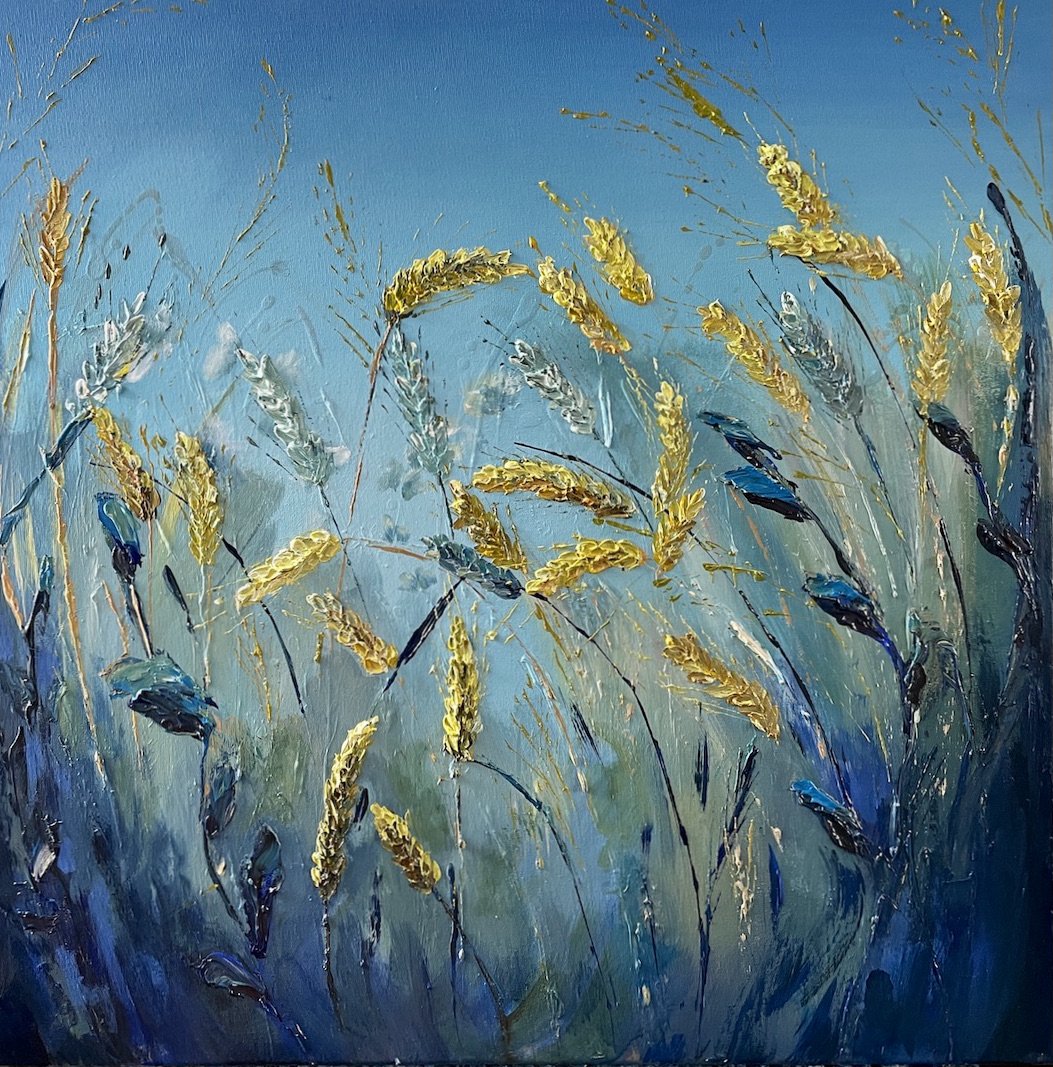 Emma Sian Pritchard Original acrylic on canvas blue and gold Meadow field