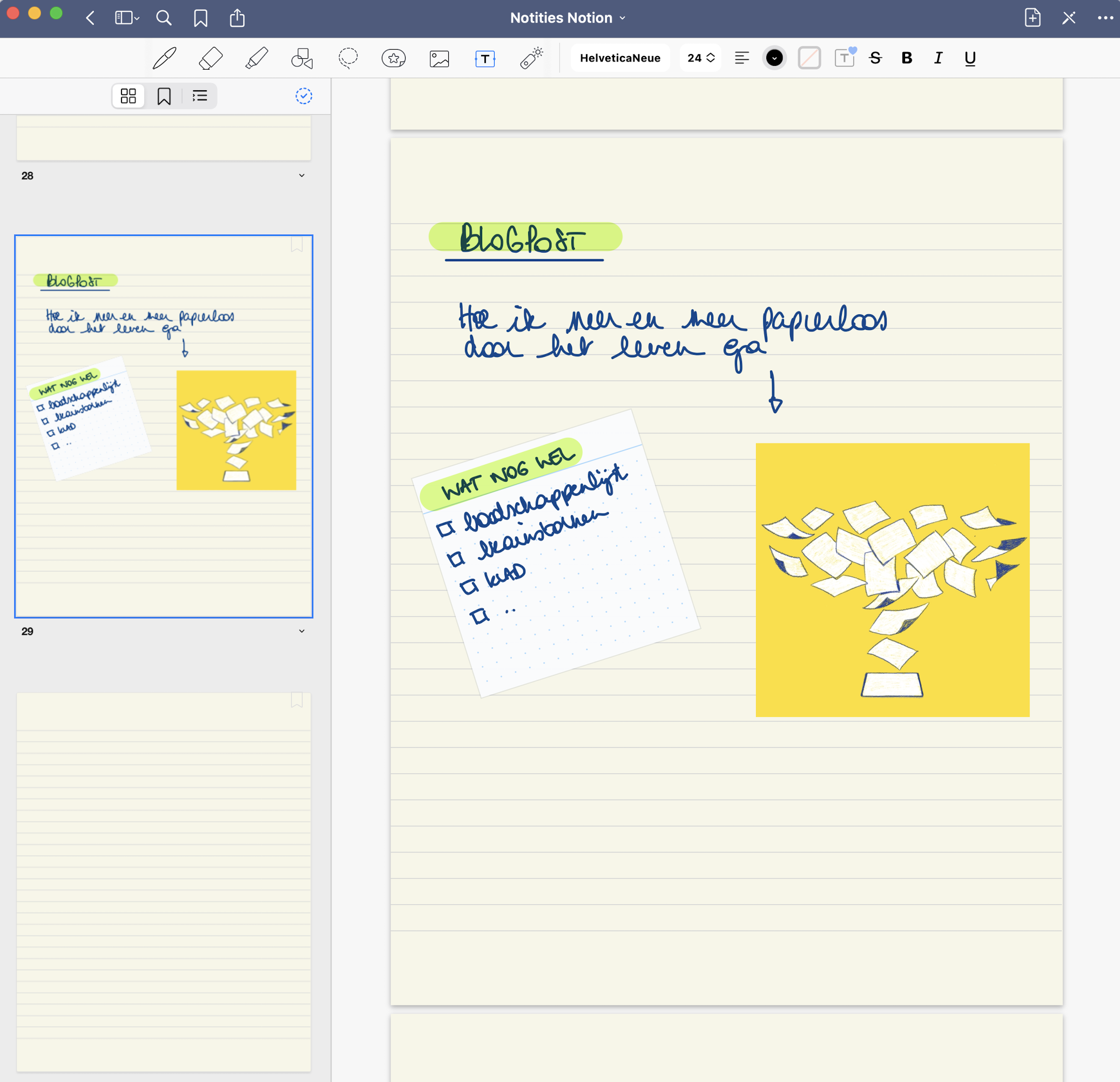 screenshot van een pagina met geschreven tekst en afbeeldingen in de app goodnotes op de iPad