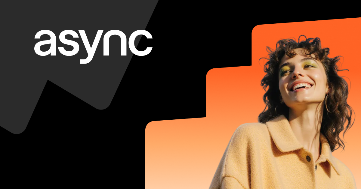 A woman smiling against an orange and black background with the word 'async' in white text.