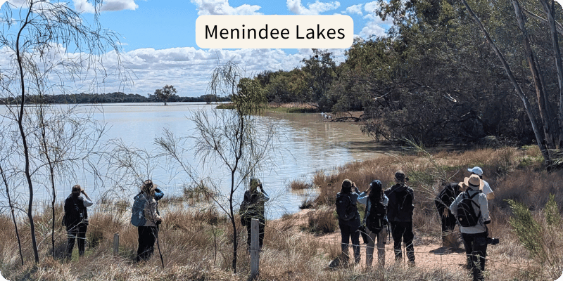 A group of people are birdwatching at Menindee Lakes