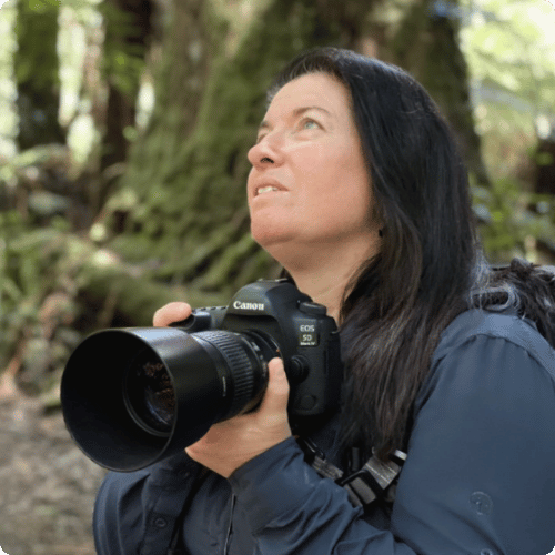 Coreena has long dark hair, is holding a camera with a large lens and is looking up into the trees