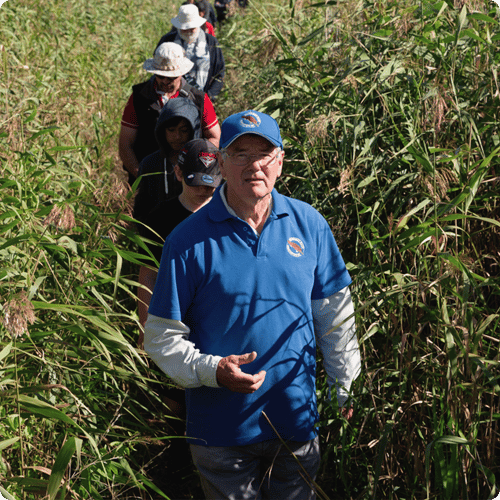 John is wearing a blue shirt and cap and is surrounded by tall grass leading a group
