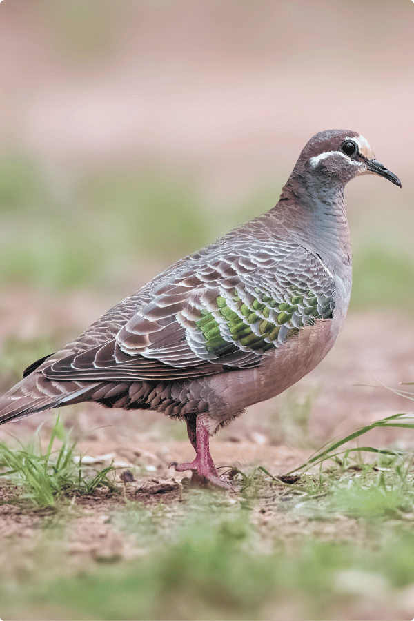 A Common Bronzewing, a type of Australian Pigeon, is standing on the ground