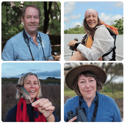 Hugh (he/him) is wearing a stripey shirt and binoculars. Sophie (she/her) is sitting on a boat and holding binoculars. Kirsty (she/her) is wearing a broad-brimmed hat and has binoculars around her neck. Jo (she/her) is holding a bright green feather.