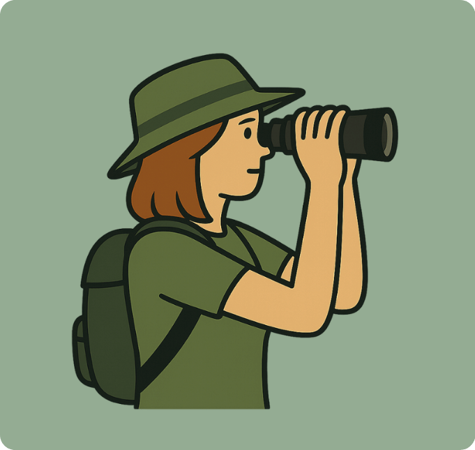Green square with illustration of woman holding binoculars and wearing a backpack and hat