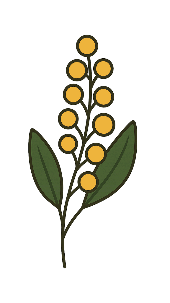Illustration of a sprig with green leaves and round yellow berries or flowers.