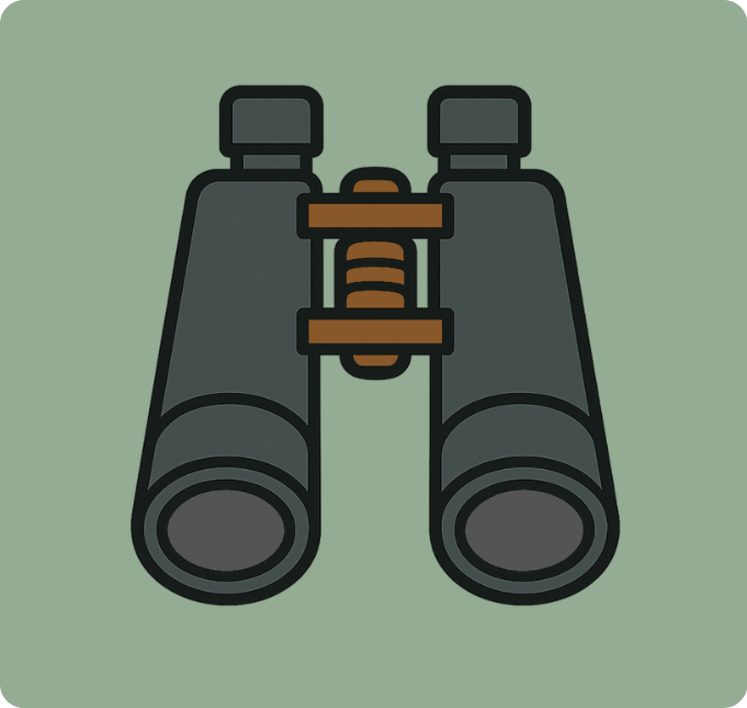 Green square with illustration of binoculars