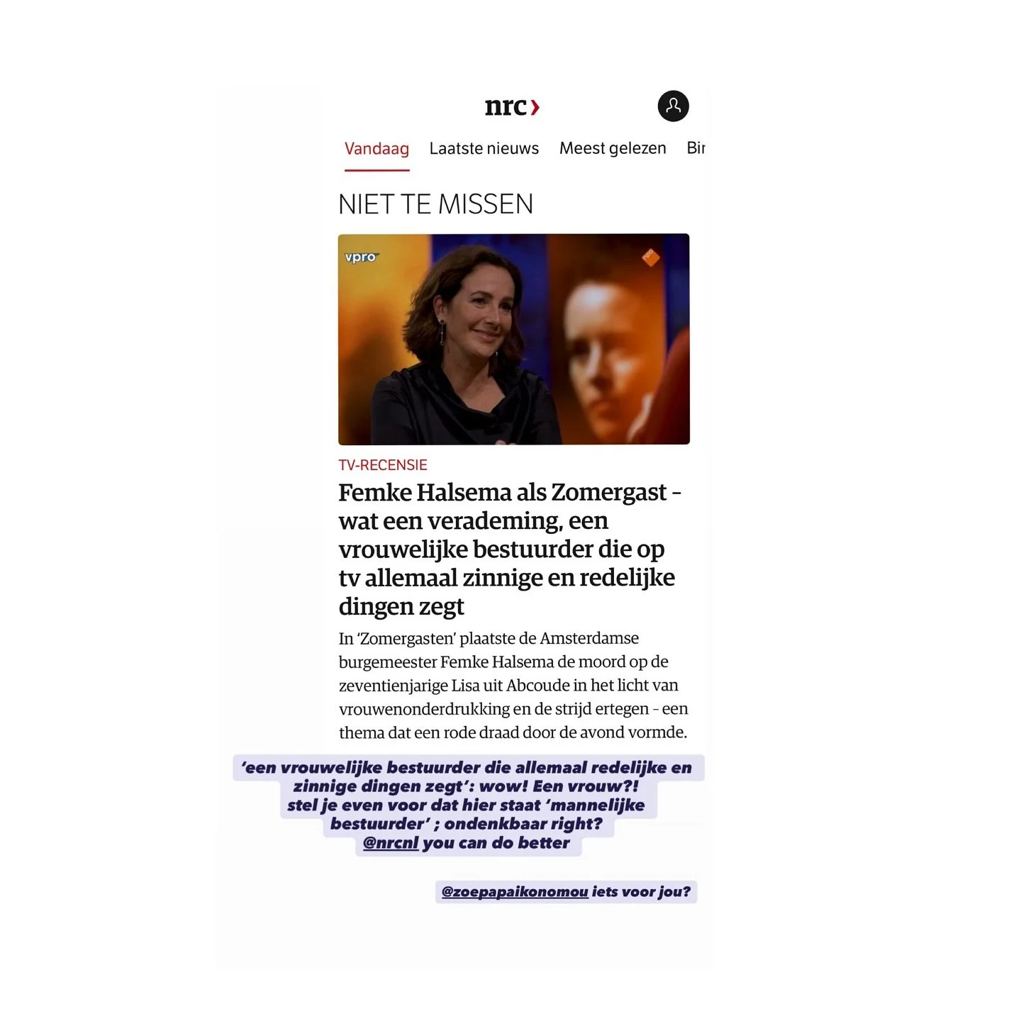 &lsquo;Een VROUWELIJKE bestuurder die ZINNIGE en REDELIJKE dingen zegt&rsquo; - wauw. Vervang &lsquo;vrouwelijke&rsquo; even door &lsquo;mannelijke&rsquo;: onvoorstelbaar toch? Lekker wakker worden met deze @nrcnl kop gisterochtend, echt een verademi