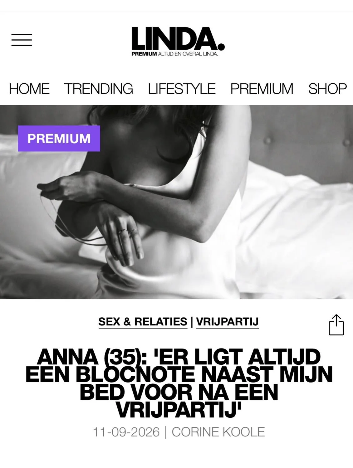 ❤️📝 @corinekoole interviewde mij voor LINDA&rsquo;s Vrijpartij: over hoe het na bijna 10 jaar samen nog opwindend is, dat praten met koffie &amp; krant bu&iacute;ten de bedstee werkt, en waarom het bij one night stands makkelijker is op te komen voo