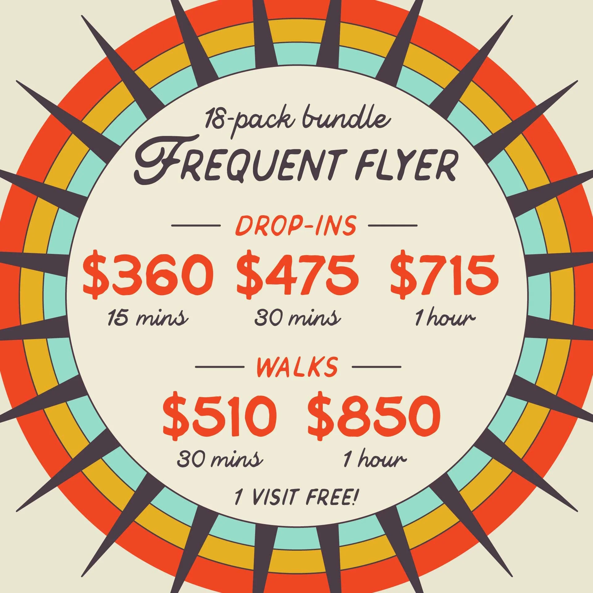 FREQUENT FLYER: 18-pack bundle of Drop-ins and Walks. Drop-ins starting at $360 for 15m, $475 for 30m and $715 for 1hr. Walkings starting at $510 for 30m and $850 for 1hr.
