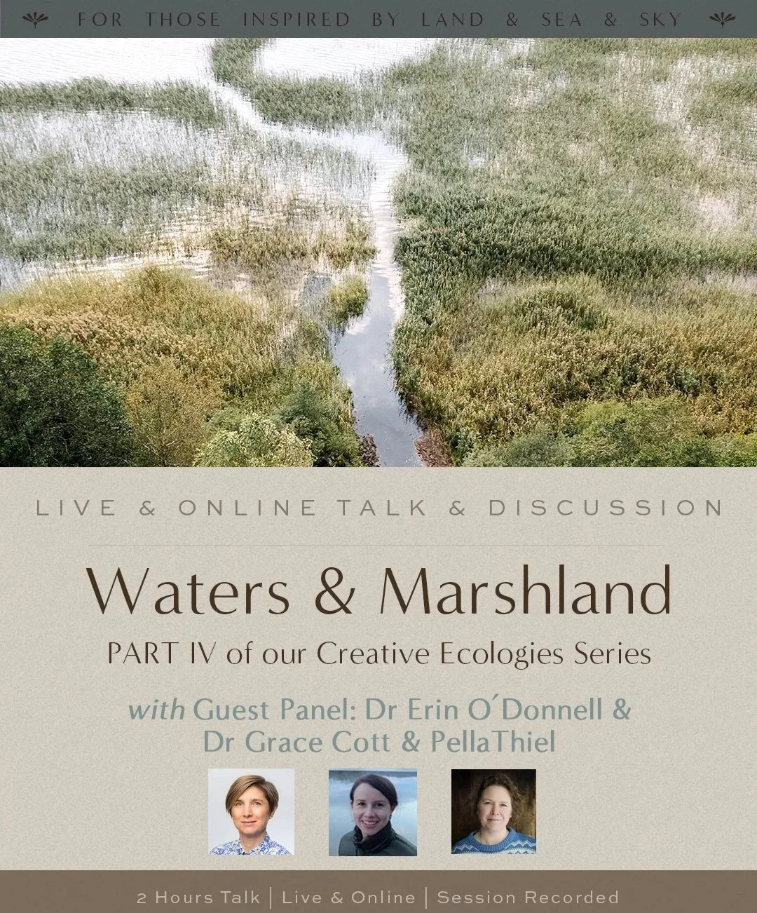 Aerial view of marshland with winding waterway surrounded by dense green vegetation.