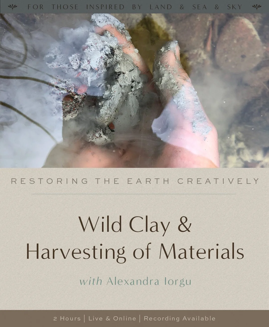 A hand covered in wet clay or mud is submerged in a shallow stream or pond, with rocks visible beneath the water surface.