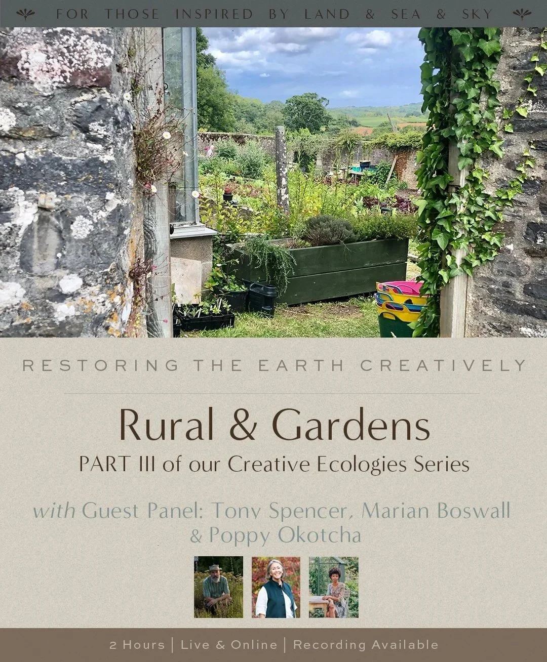 The image shows the cover of a presentation or book titled 'Rural & Gardens', part of a creative ecologies series, featuring a photograph of a lush rural garden with stone walls, planters, and a view of distant hills under a cloudy sky.